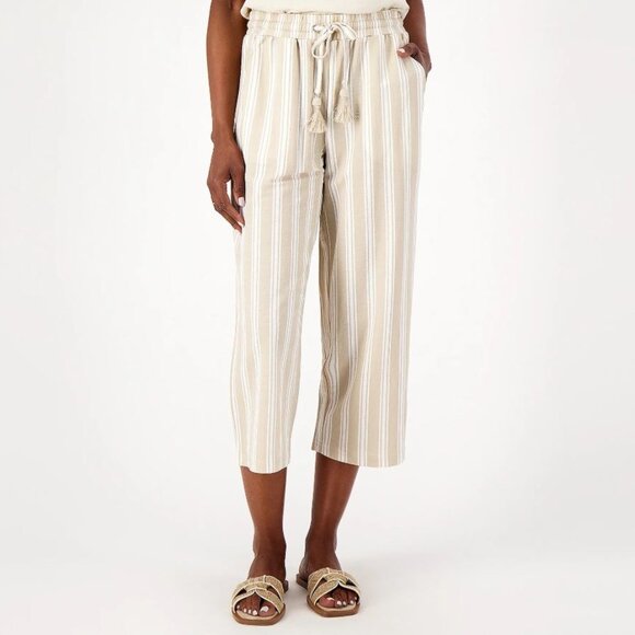 Belle Beach by Kim Gravel Crop Pull On Pants Womens LP PL Petite Tan Stripe F05X - Picture 1 of 9
